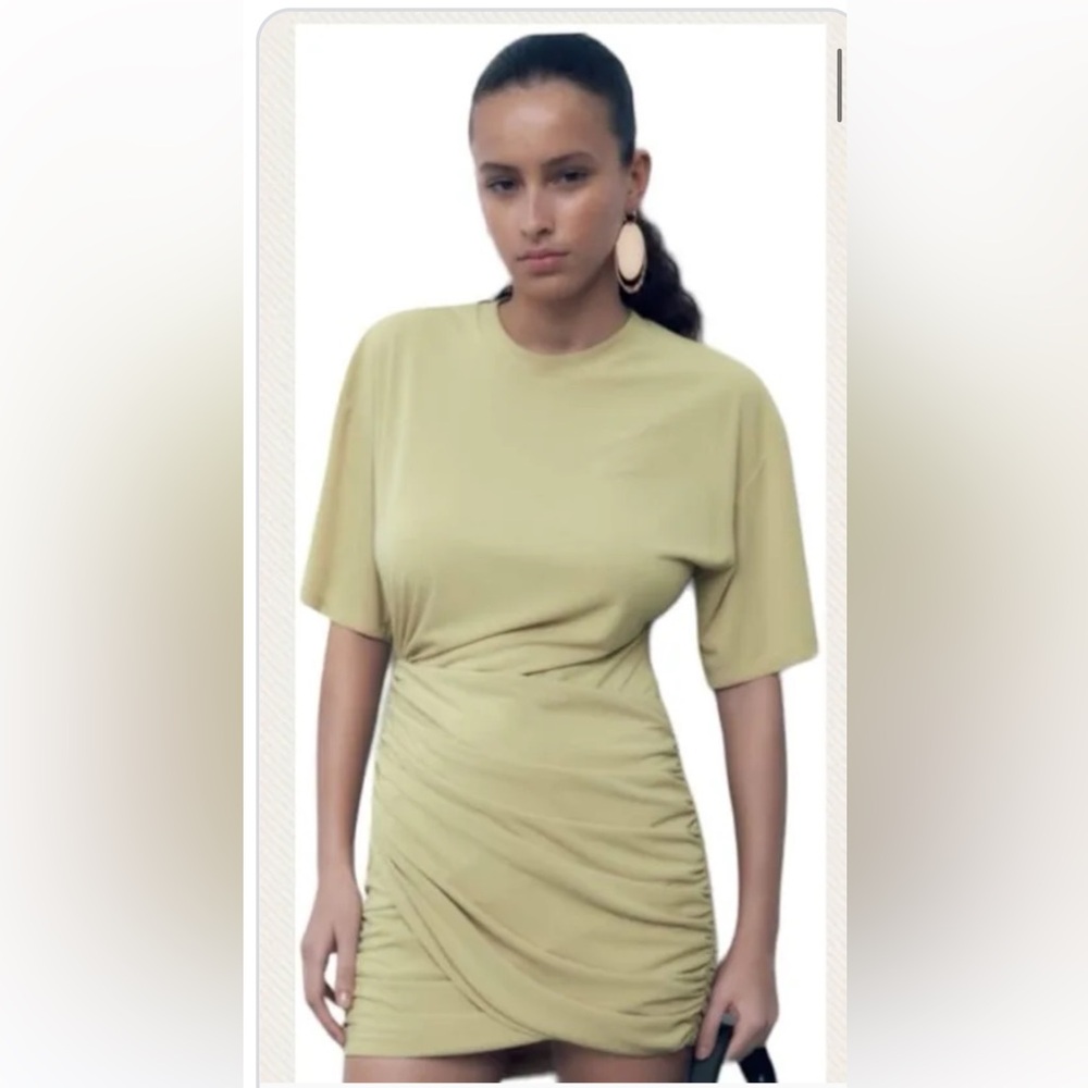 Zara olive yellow t shirt ruched dress. Size small!!